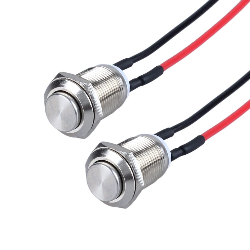 DMWD 2-Pack 12mm Momentary Metal Waterproof Push Button Switch Raised Head 1/2" Mounting Hole with Pre-soldered Cable 250V 2A 1NO - Image 1